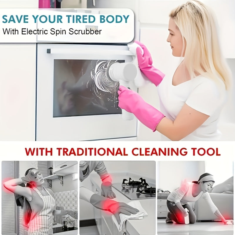 SpinScrub 5-in-1 Electric Cleaning Brush demonstrated on oven glass, compared with traditional cleaning showing reduced body strain