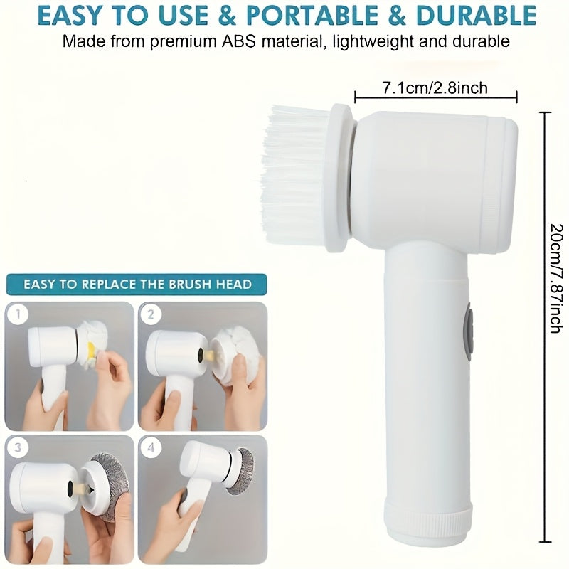SpinScrub 5-in-1 Electric Cleaning Brush in white with replaceable brush head attachment - portable cleaning tool dimensions shown