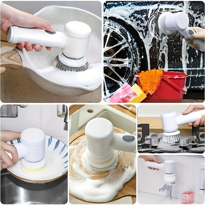 SpinScrub 5-in-1 Electric Cleaning Brush shown cleaning sink, car wheels, dishes, and bathroom surfaces with different attachments in white