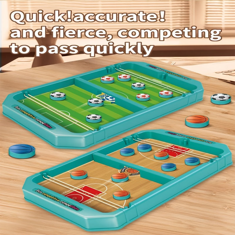 Sports BattleBoard 6-in-1 tabletop game set featuring soccer and basketball layouts with turquoise playing field on wooden surface