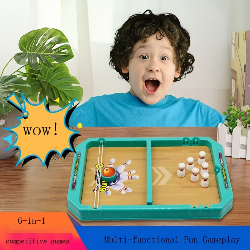 Sports BattleBoard 6-in-1 tabletop game set showing bowling setup with pins and launcher on wooden surface with teal frame