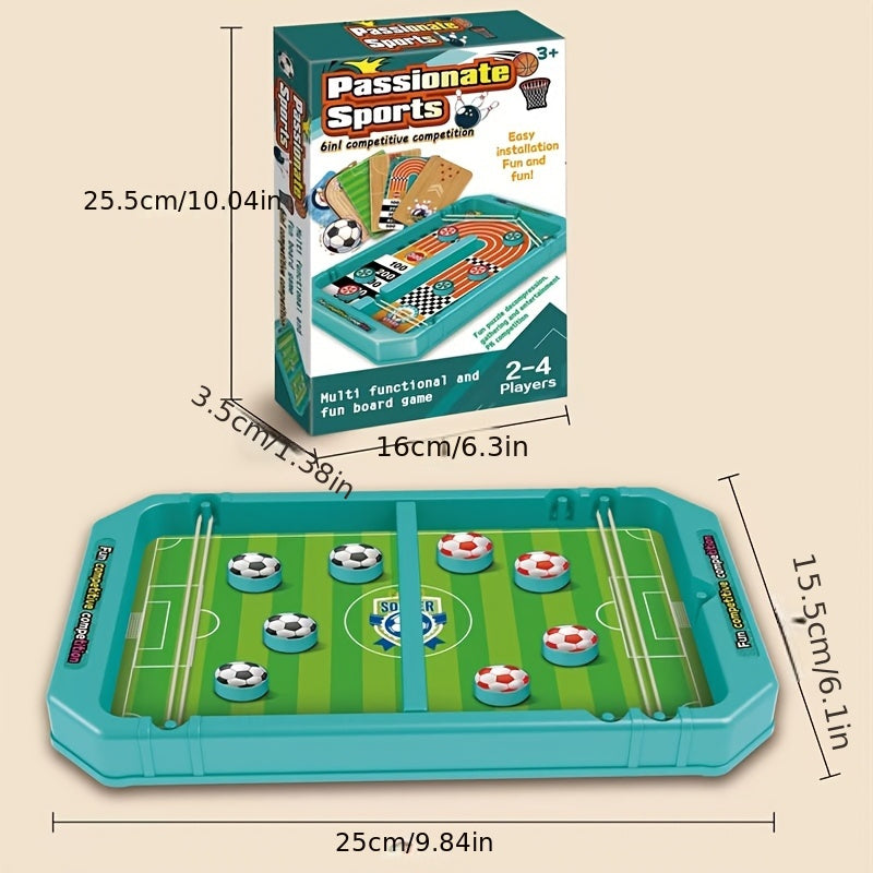Sports BattleBoard 6-in-1 tabletop game set with teal playing field and disc shooters - compact multi-sport arena display