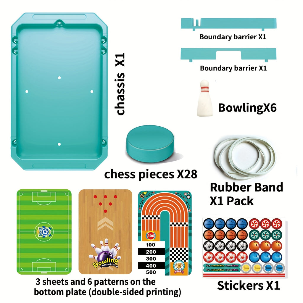 Sports BattleBoard 6-in-1 tabletop game set with turquoise board, game pieces, bowling pins and pattern sheets for multiple sports