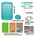 Sports BattleBoard 6-in-1 tabletop game set with turquoise board, game pieces, bowling pins and pattern sheets for multiple sports