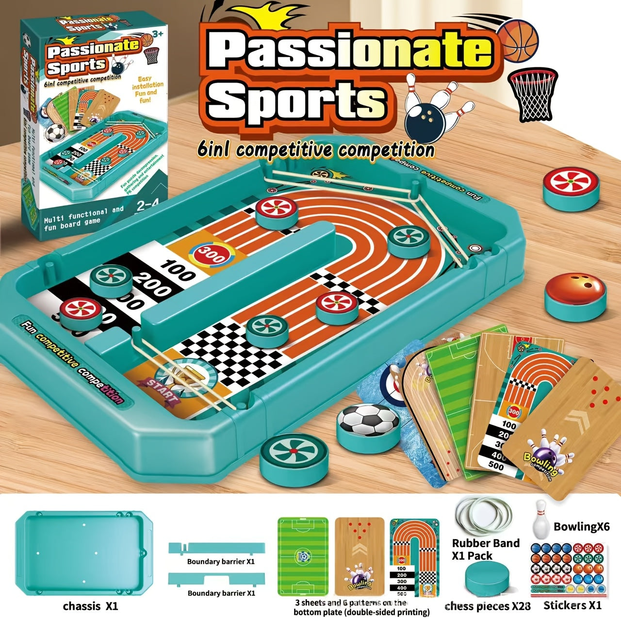 Sports BattleBoard 6-in-1 tabletop game set with turquoise board, game pieces, cards and stickers on wooden surface