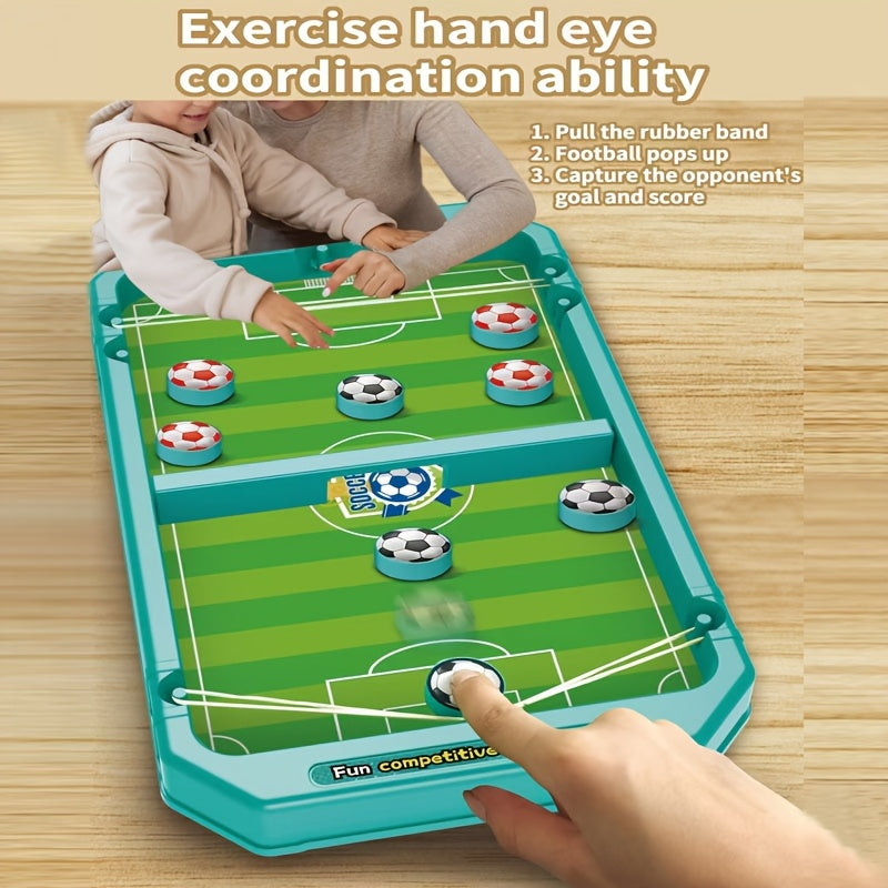 Sports BattleBoard 6-in-1 tabletop game with green soccer field layout and blue puck pieces - hands demonstrating gameplay