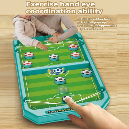 Sports BattleBoard 6-in-1 tabletop game with green soccer field layout and blue puck pieces - hands demonstrating gameplay