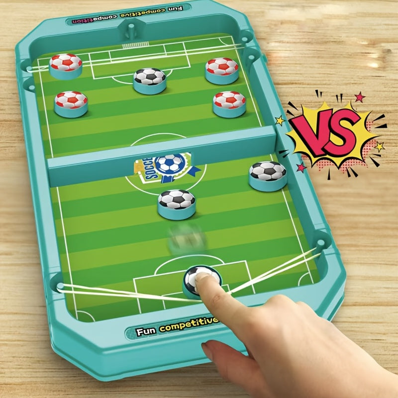 Sports BattleBoard 6-in-1 tabletop game with turquoise frame and green soccer field, showing finger-flick gameplay action
