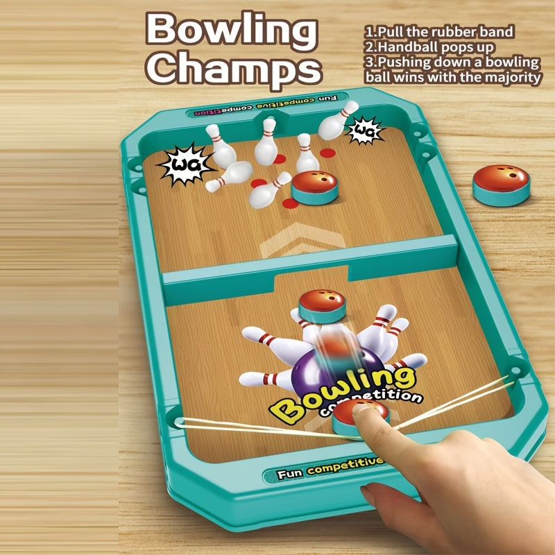 Sports BattleBoard bowling game mode with turquoise frame and wooden lane surface, showing white pins and red puck in action