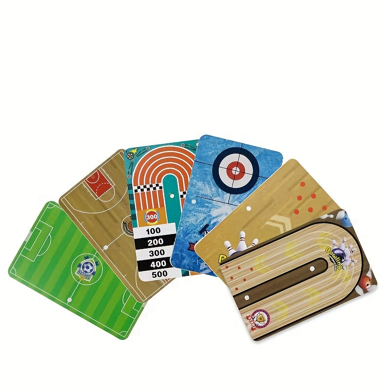 Sports BattleBoard multi-game cards featuring soccer field, bowling alley, curling target, and arcade-style scoring layouts