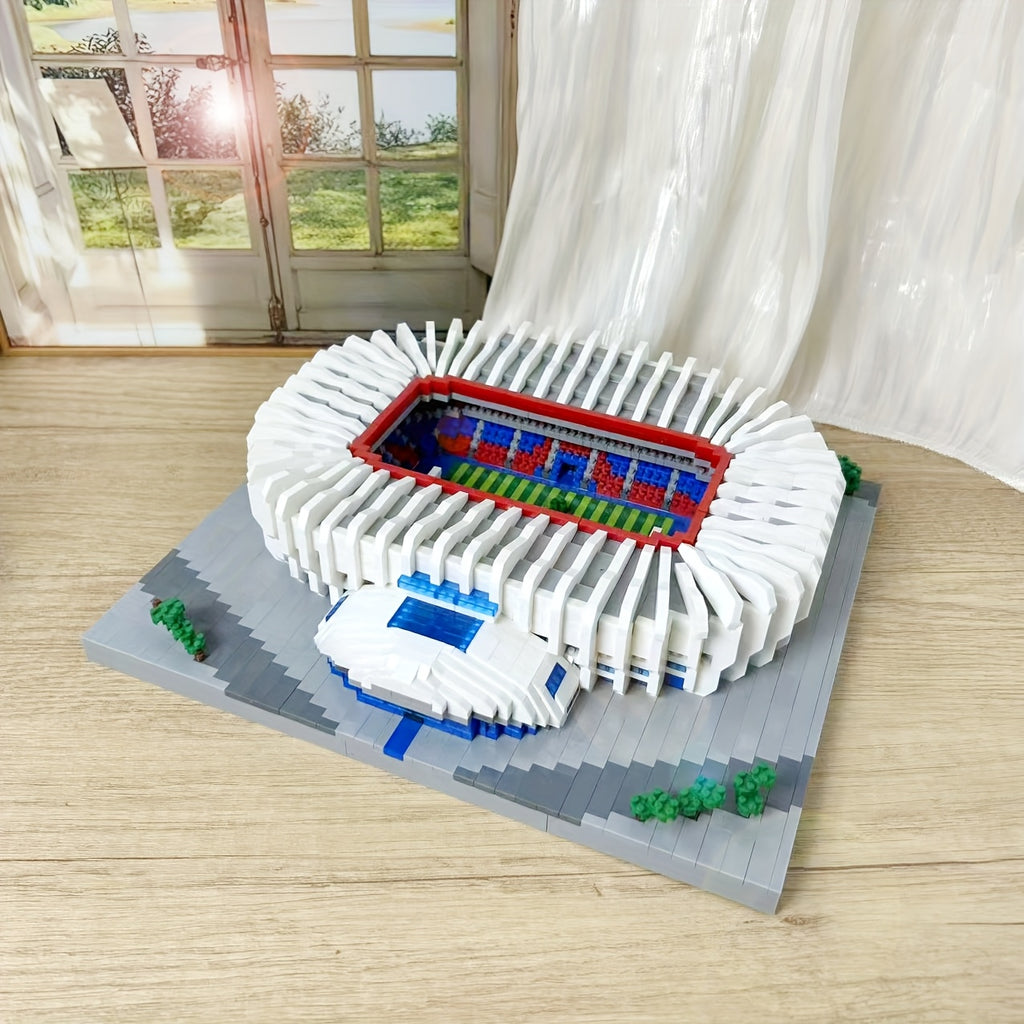StadiumMaster football stadium building set with detailed white exterior, red-blue field and green accents on gray base