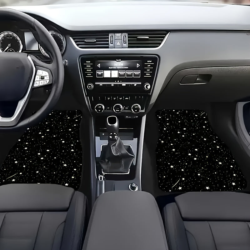 StarGlide LED Car Floor Mats with starry night pattern displayed in modern car interior with black leather seats and dashboard