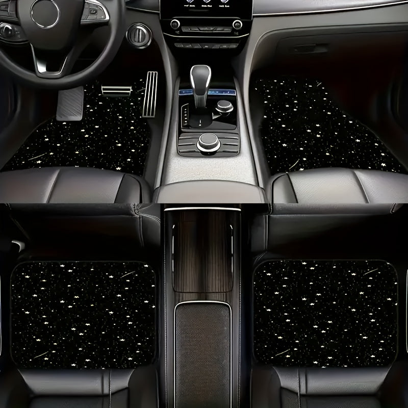 StarGlide LED car floor mats with starry night pattern installed in modern vehicle interior showing illuminated design