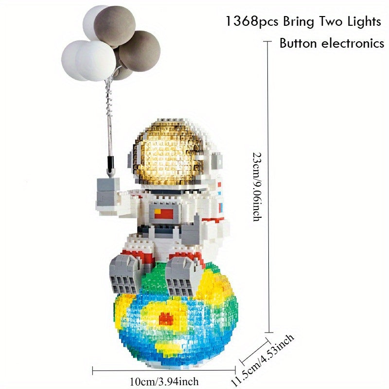 Starlight Voyager illuminated building set featuring astronaut with balloons sitting on Earth, built with colorful blocks and LED helmet