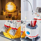 Starlight Voyager illuminated building set showing astronaut helmet glow, storage compartment, and lunar-themed desk display