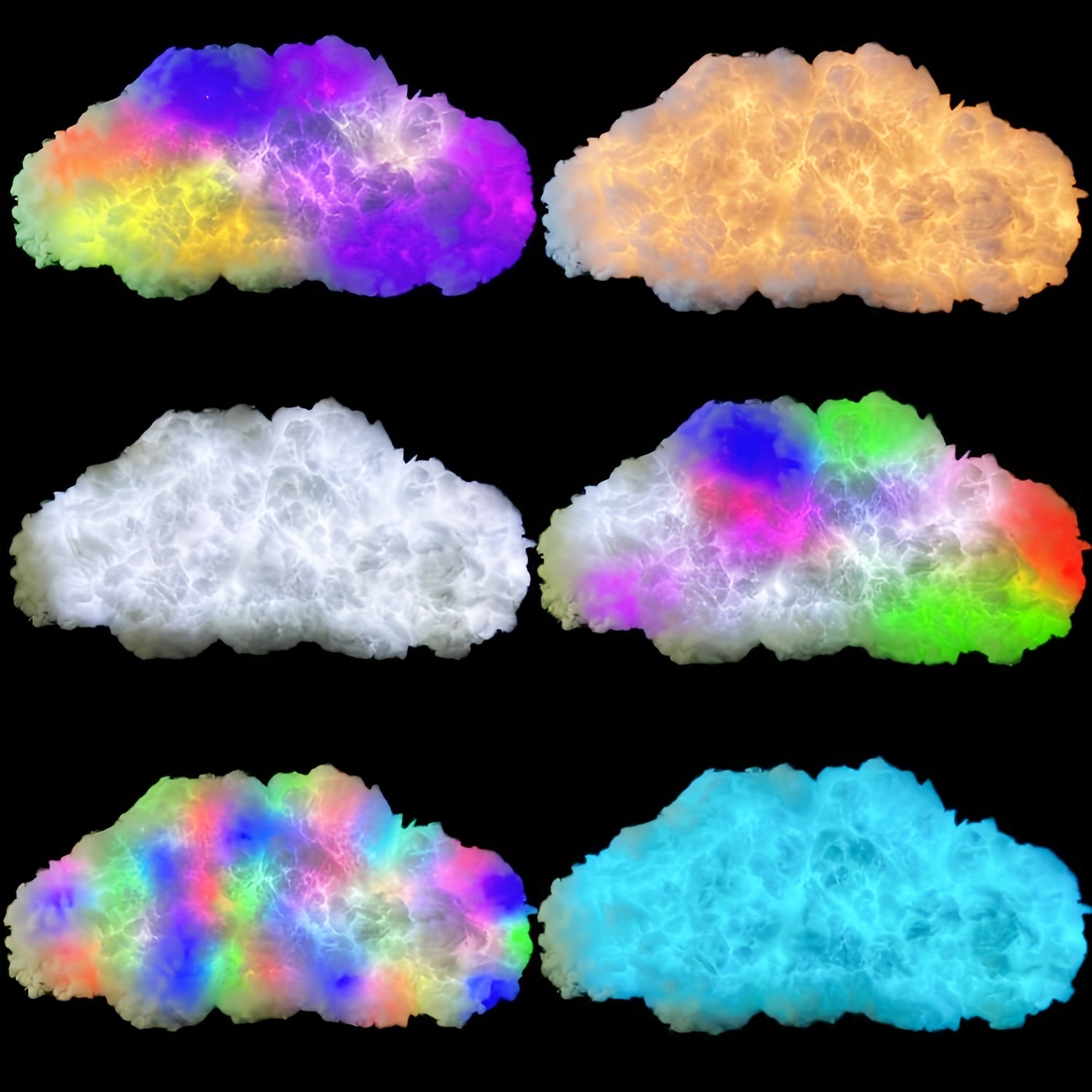 StormFlux LED cloud lamp displaying multiple color modes - glowing white, rainbow, and blue atmospheric lighting effects on black background