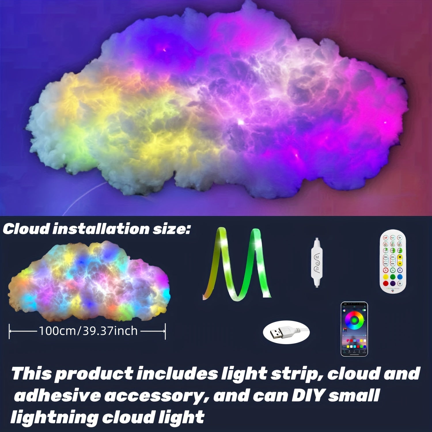 StormFlux LED cloud lamp displaying vibrant rainbow colors with remote control and installation accessories - 39 inch storm cloud light