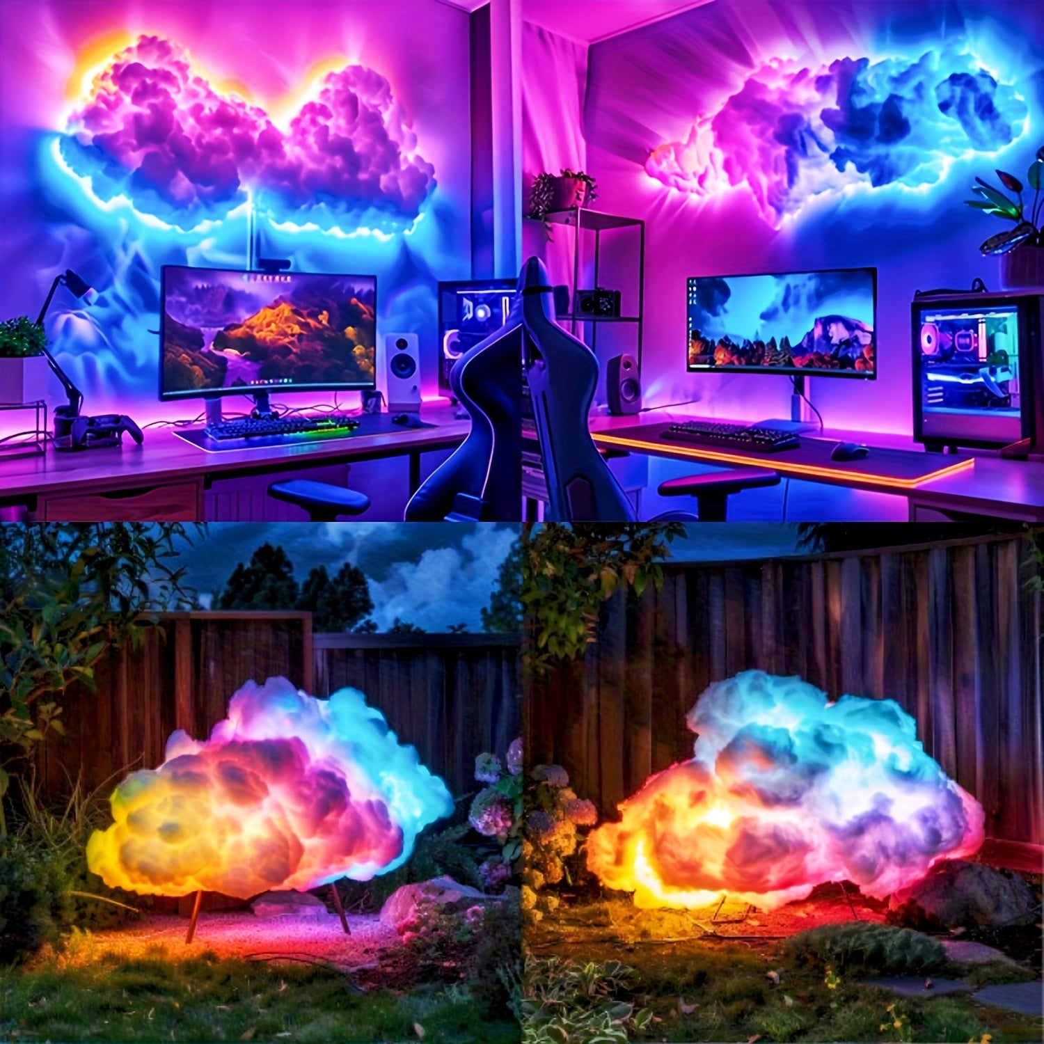 StormFlux LED cloud lamp glowing in vibrant blue and pink colors, shown in gaming setup and outdoor garden settings