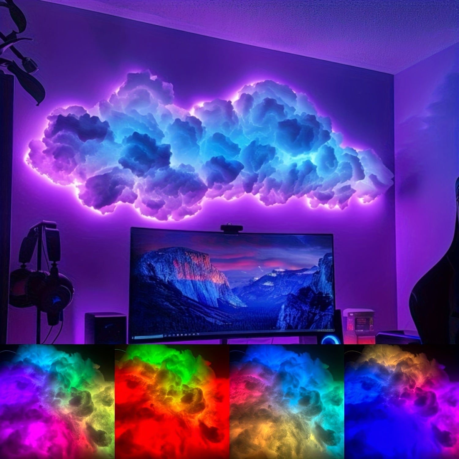 StormFlux LED cloud lamp mounted on wall displaying vibrant purple and blue lightning effects above gaming monitor setup