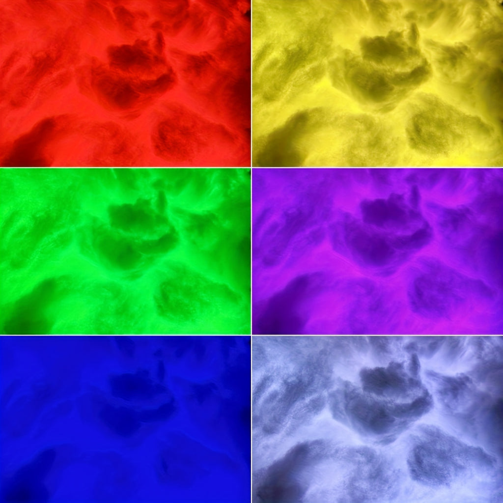 StormFlux LED cloud light shown in 6 vibrant colors - red, yellow, green, purple, blue and white - displaying ethereal storm effects