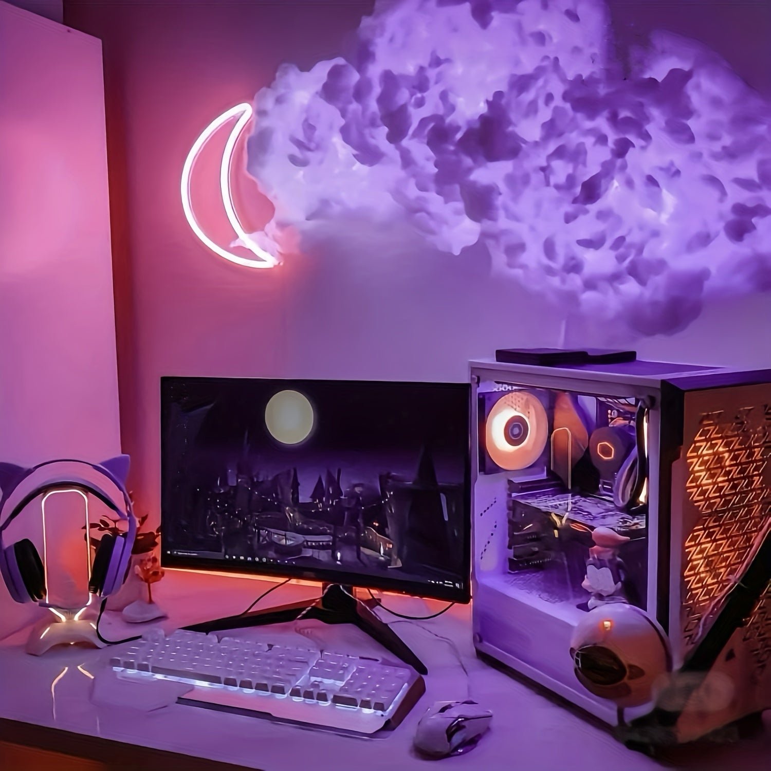 StormFlux LED cloud with neon moon sign illuminating gaming setup in purple ambiance - cloud light floating above desktop