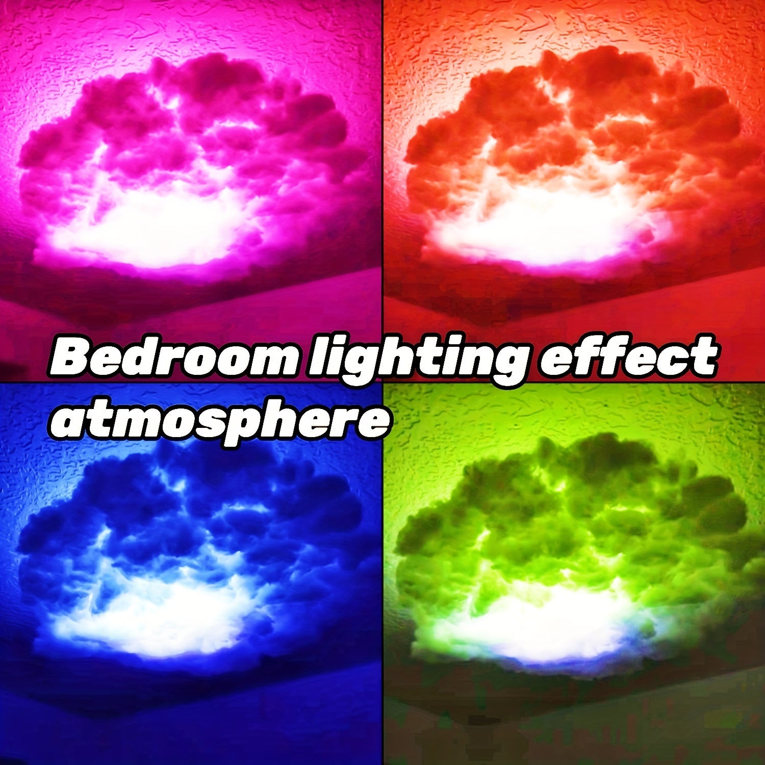 StormFlux cloud lamp displaying vibrant pink, red, blue, and green LED lighting effects mounted on ceiling for atmospheric bedroom illumination