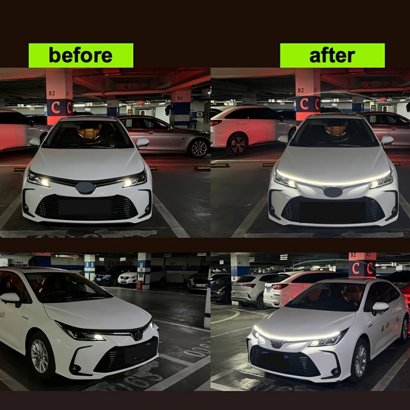 StrikeLine LED hood light strip before and after comparison on white Toyota Corolla in parking garage showing bright illumination upgrade
