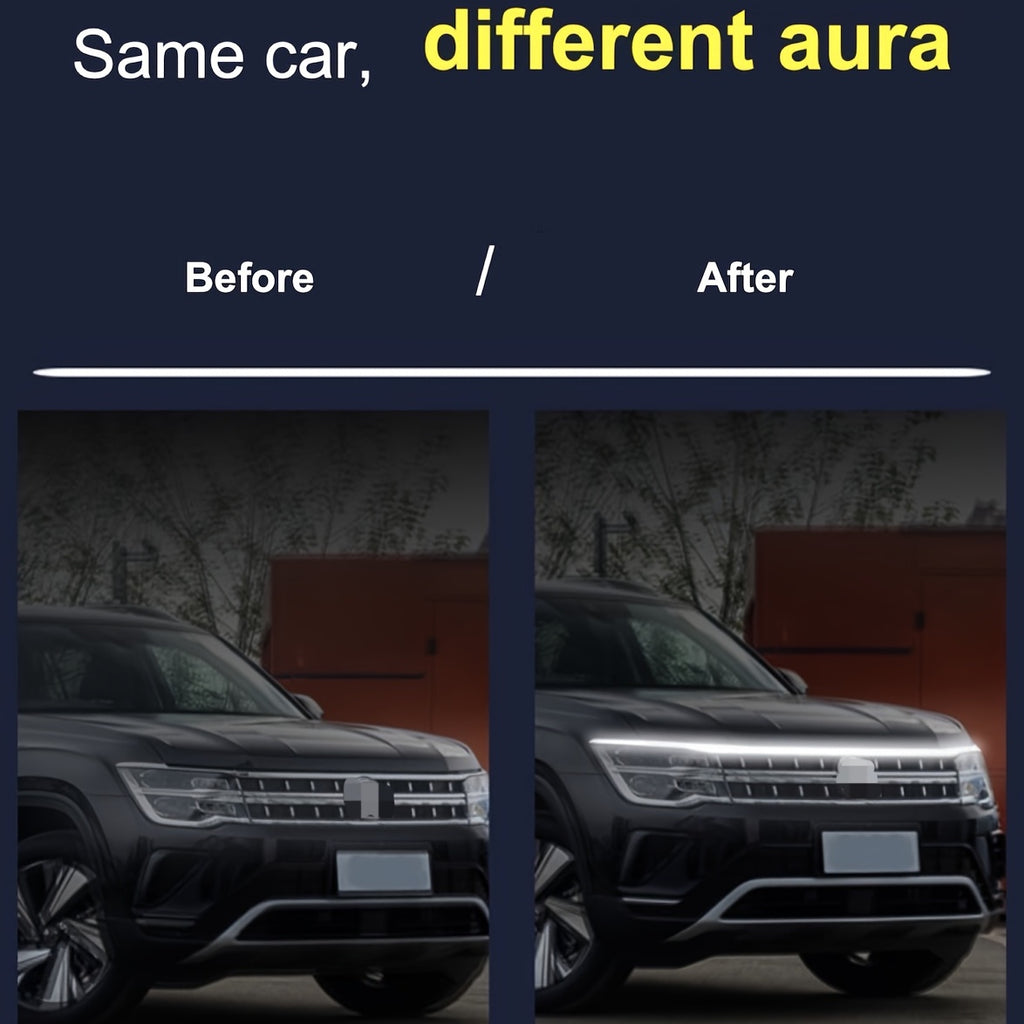 StrikeLine LED hood light strip before and after comparison showing dramatic transformation with bright white illumination on black SUV