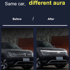 StrikeLine LED hood light strip before and after comparison showing dramatic transformation with bright white illumination on black SUV