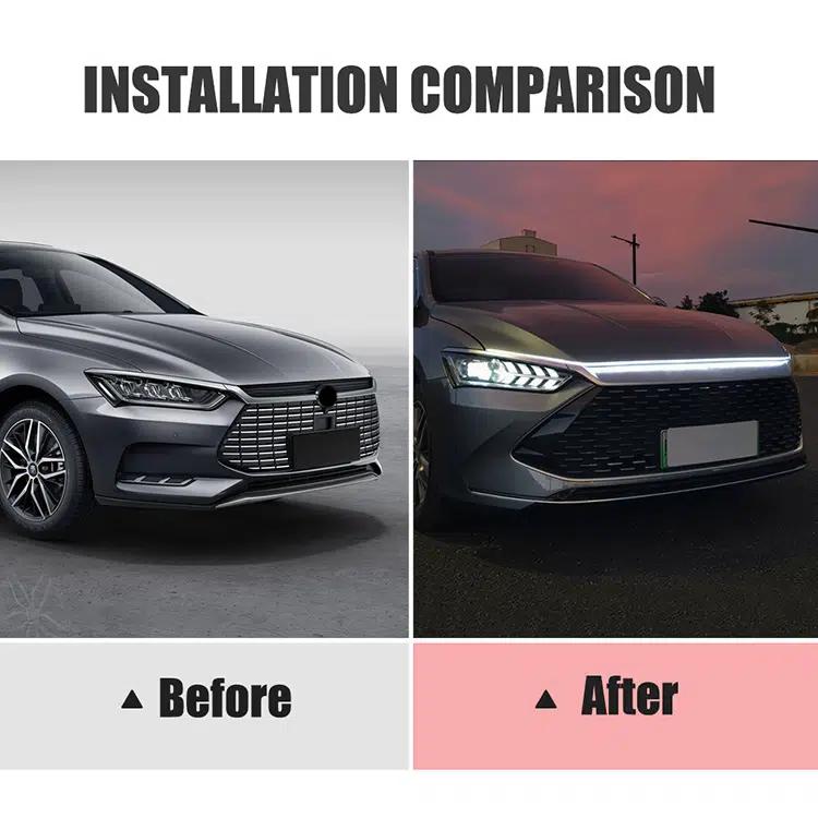 StrikeLine LED hood light strip installation comparison showing before and after views of car front illumination at day and night