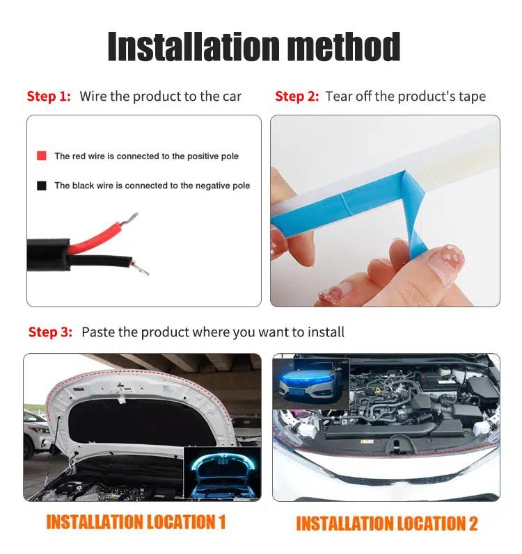 StrikeLine LED hood light strip installation guide showing wiring connections and mounting steps for car hood placement