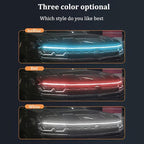 StrikeLine LED hood light strip shown in three colors - ice blue, red, and white illuminating modern car front with sleek glow effect