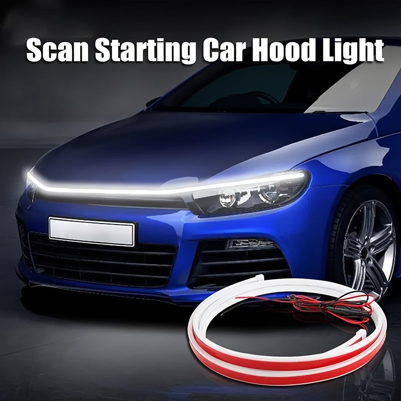 StrikeLine LED hood light strip shown on blue sports car with illuminated white beam - universal automotive accent lighting