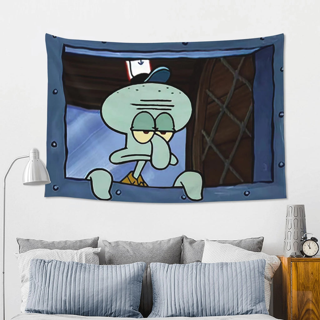 Tentacle Vibes tapestry featuring Squidward character looking grumpy through window frame in mint green and navy colors