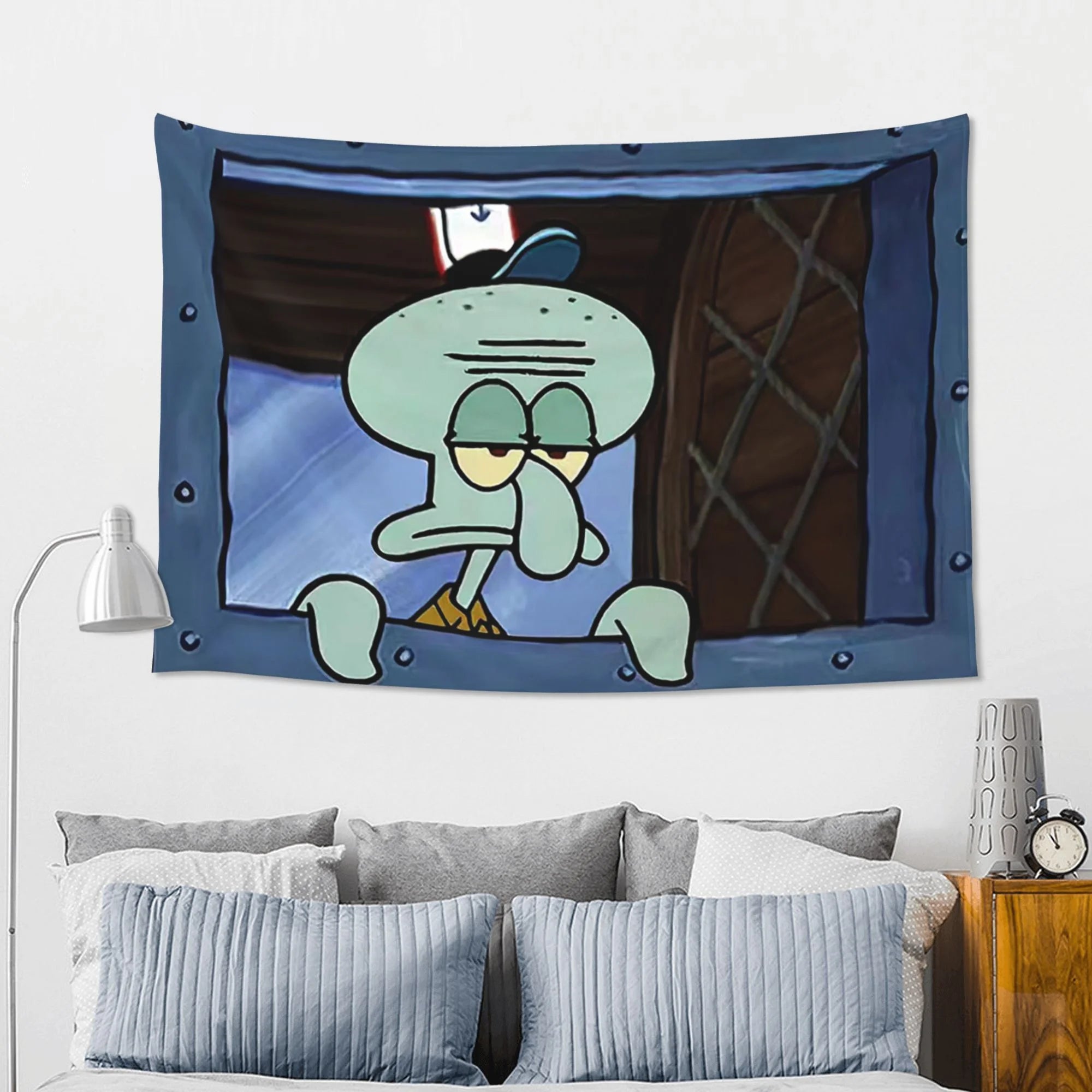 Tentacle Vibes tapestry featuring Squidward character looking grumpy through window frame in mint green and navy colors