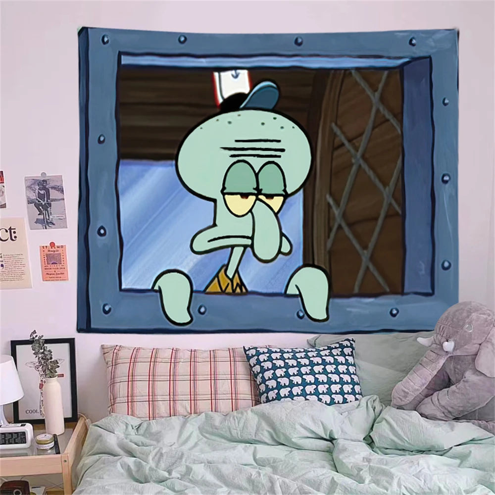 Tentacle Vibes tapestry featuring Squidward's iconic grumpy expression through a window, displayed above cozy bedding