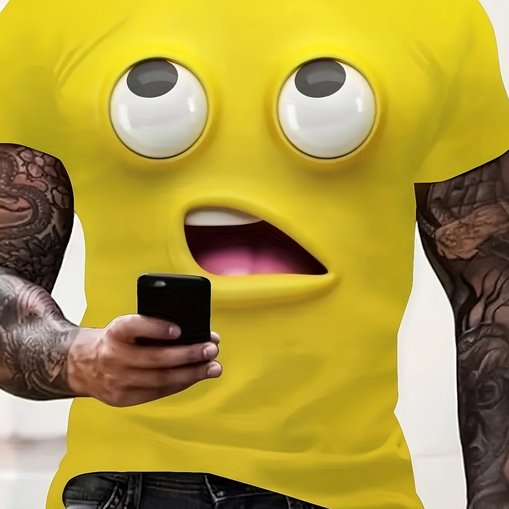 The Bruh Tee - 3D yellow emoji face design with eye-rolling expression, tattooed arms holding phone, streetwear style