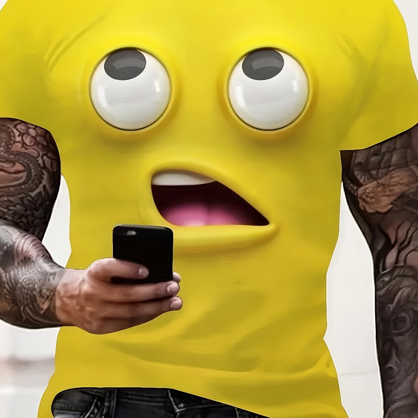 The Bruh Tee - 3D yellow emoji face design with eye-rolling expression, tattooed arms holding phone, streetwear style