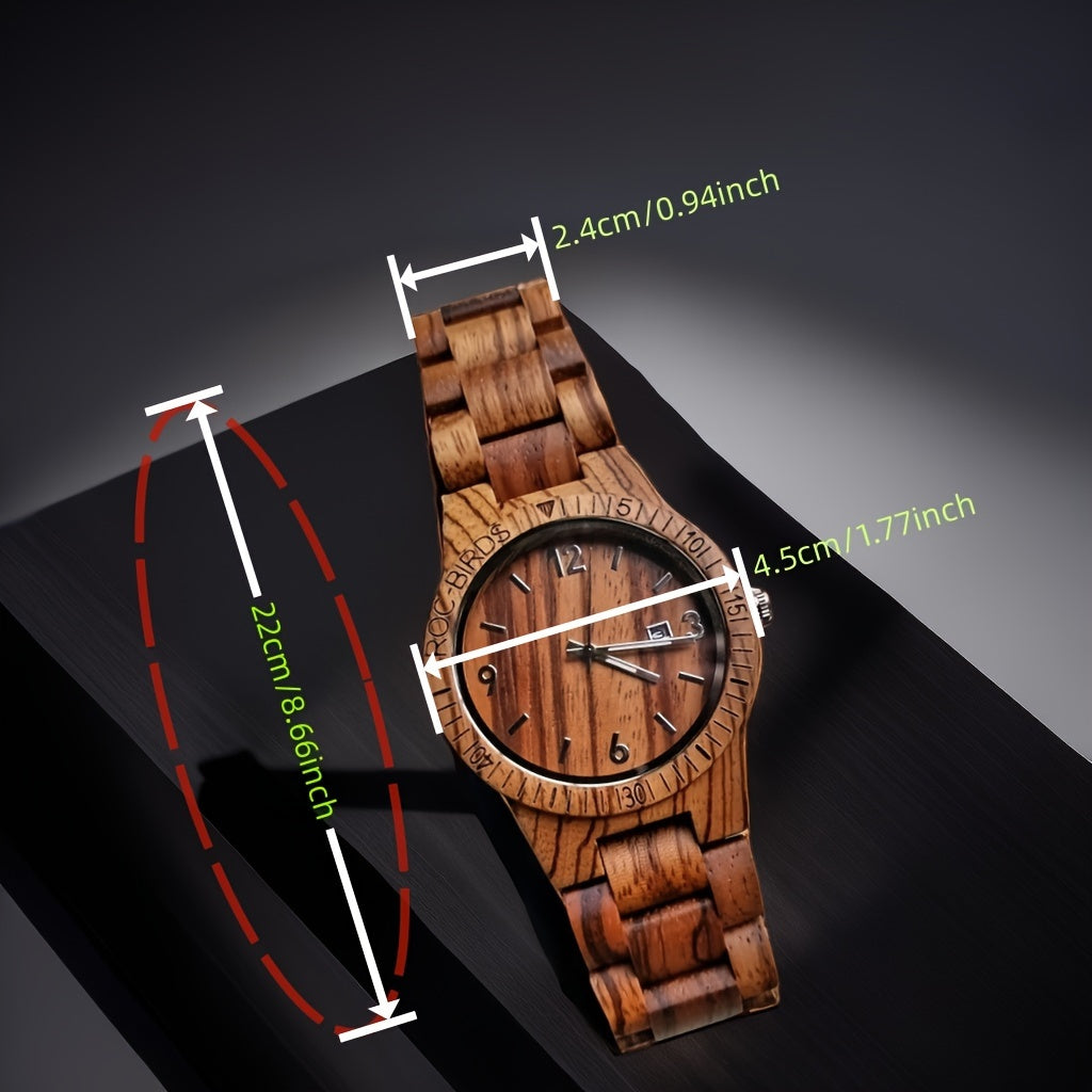 TimberTime handcrafted zebra wood watch with calendar display on black surface showing product dimensions