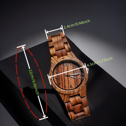 TimberTime handcrafted zebra wood watch with calendar display on black surface showing product dimensions