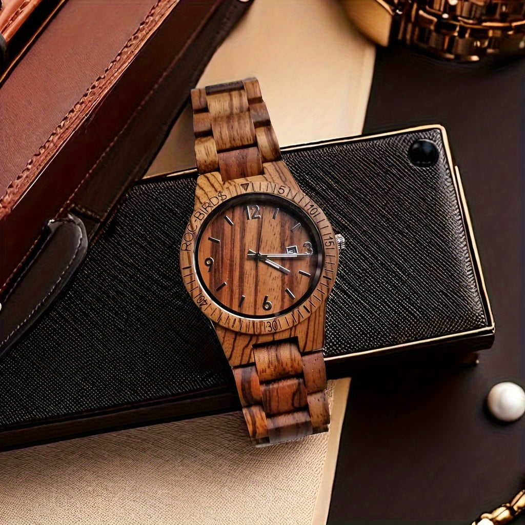 TimberTime handcrafted zebra wood watch with date display on black leather wallet, showcasing natural grain patterns