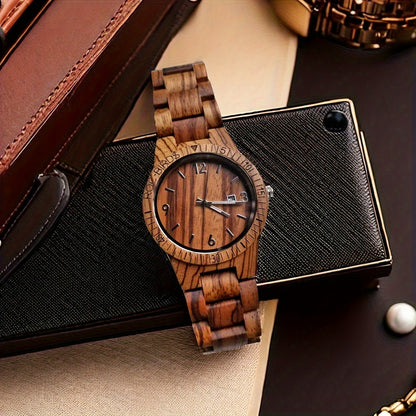 TimberTime handcrafted zebra wood watch with date display on black leather wallet, showcasing natural grain patterns