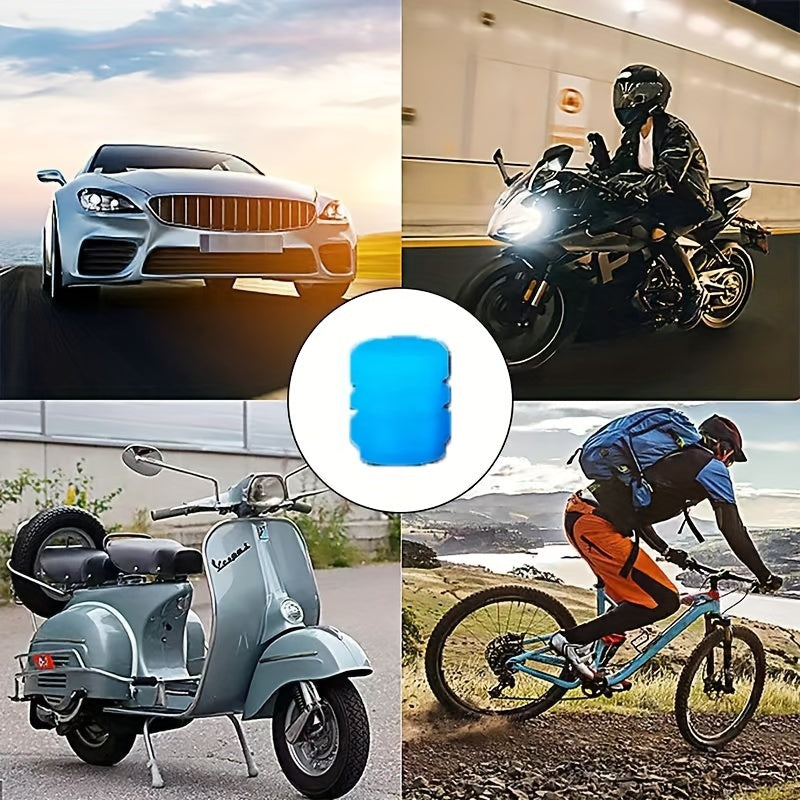 TireValve glow-in-dark blue valve caps shown with sports car, motorcycle, vintage scooter and mountain bike - universal vehicle fit
