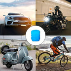 TireValve glow-in-dark blue valve caps shown with sports car, motorcycle, vintage scooter and mountain bike - universal vehicle fit