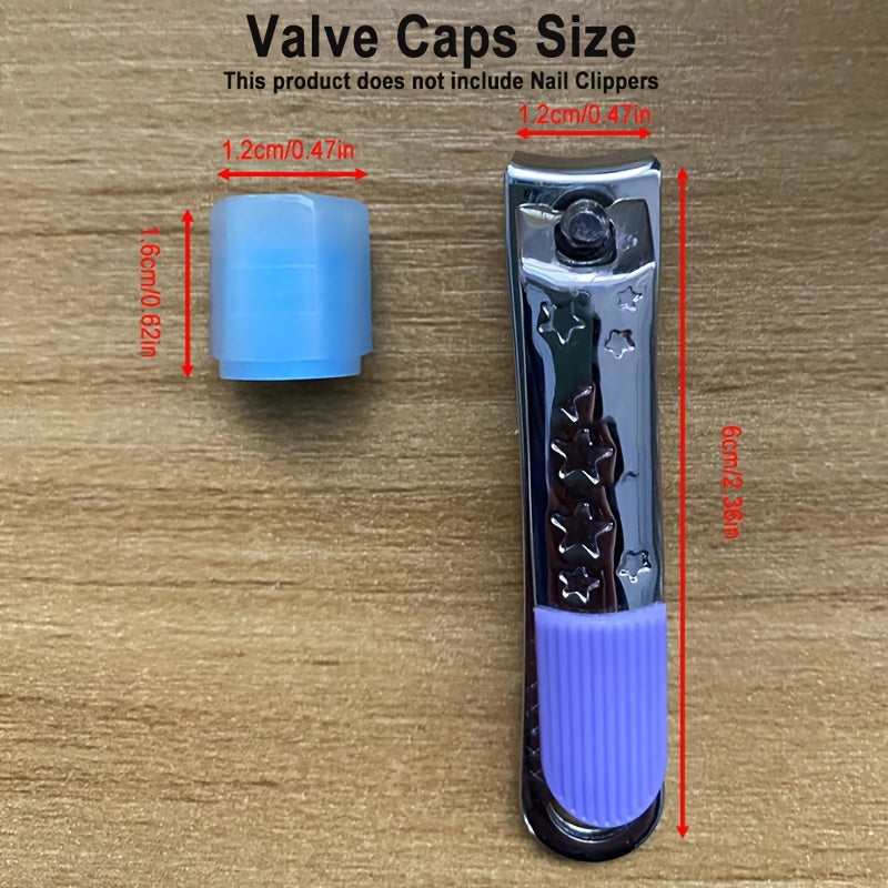 TireValve glow-in-dark tire valve cap dimensions shown against nail clipper for size comparison on wooden surface