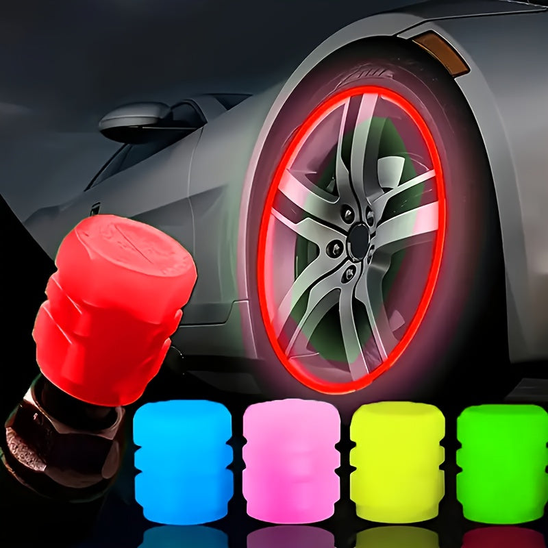 TireValve glow-in-dark valve caps shown in multiple neon colors alongside illuminated car wheel with red glowing rim effect
