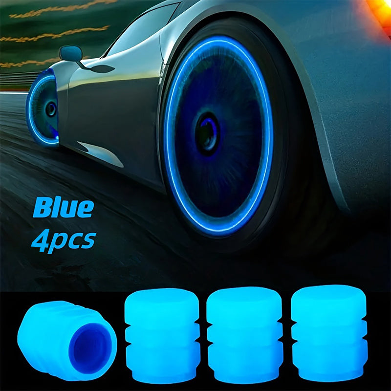 TireValve glow-in-the-dark blue valve caps displayed with sports car wheel showing bright neon blue illumination effect at night