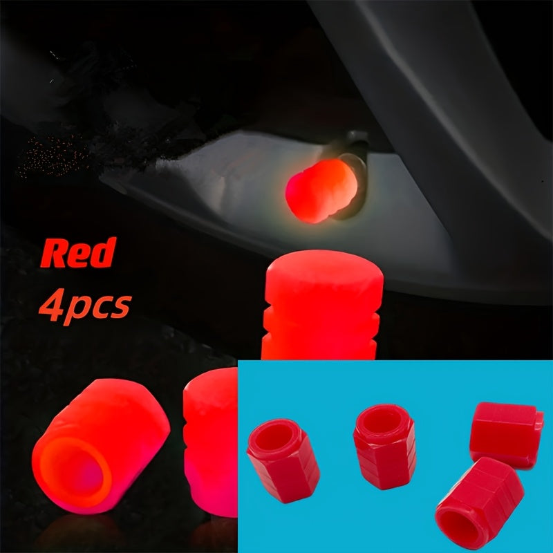 TireValve glow-in-the-dark red valve caps illuminated at night on car wheel, showcasing bright neon effect and protective design