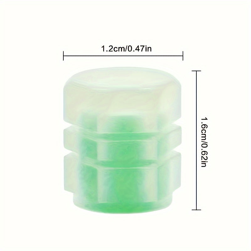 TireValve glow-in-the-dark tire valve cap in translucent green with ribbed design, showing size measurements and luminescent effect
