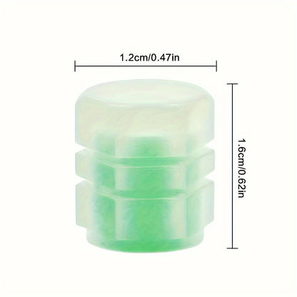 TireValve glow-in-the-dark tire valve cap in translucent green with ribbed design, showing size measurements and luminescent effect